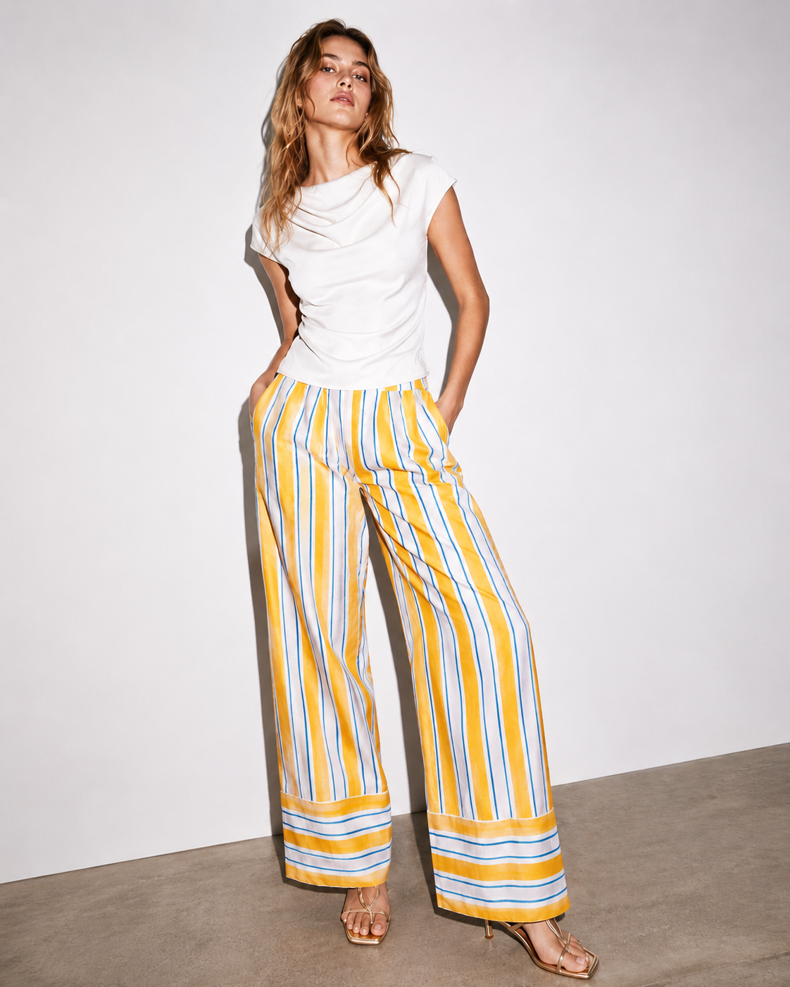 Cotton Linen Striped  Wide-Leg Trousers