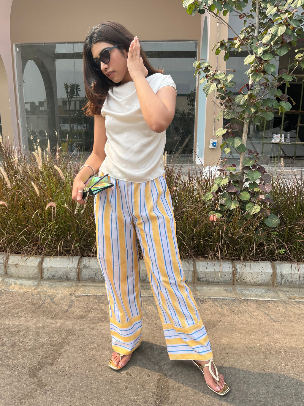 Cotton Linen Striped  Wide-Leg Trousers