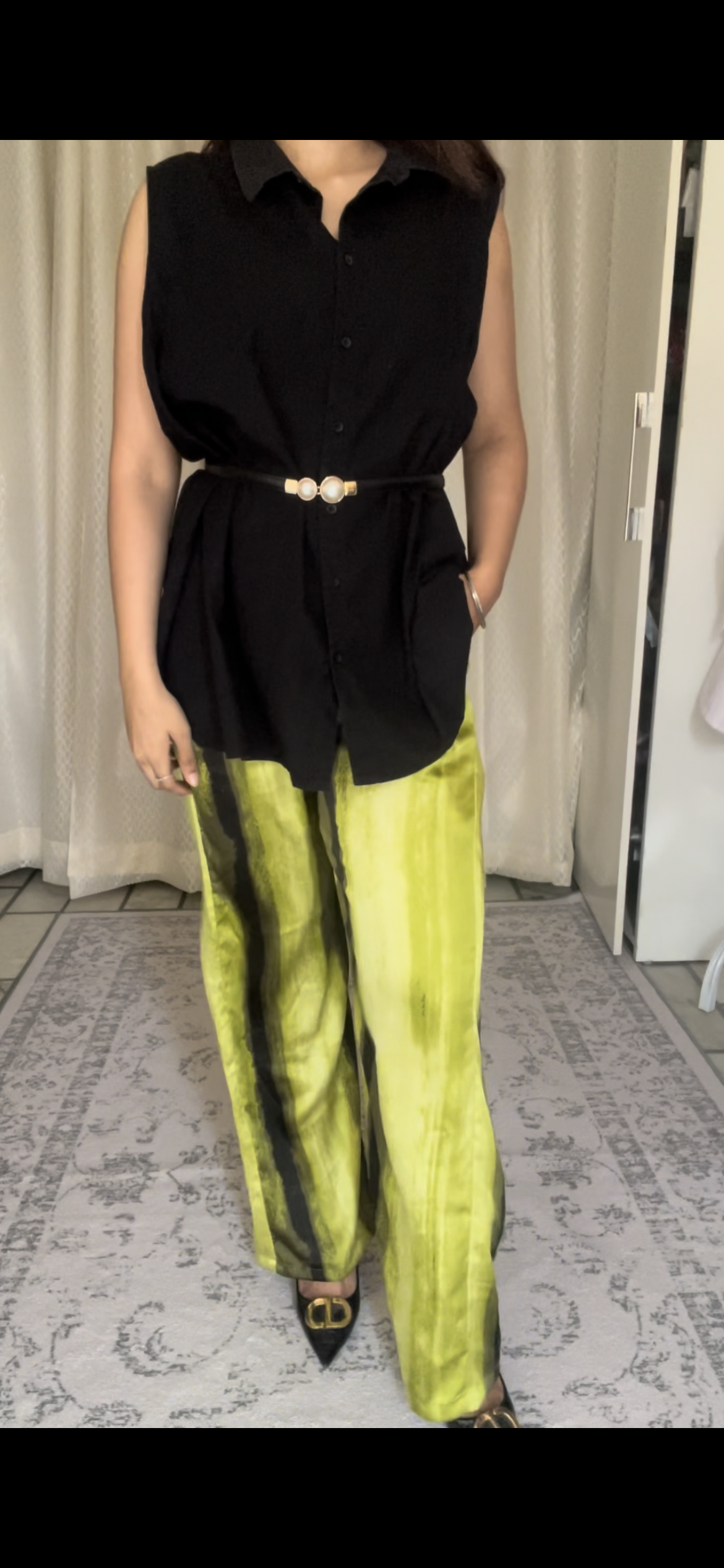 Neon Olive Abstract Satin Pants