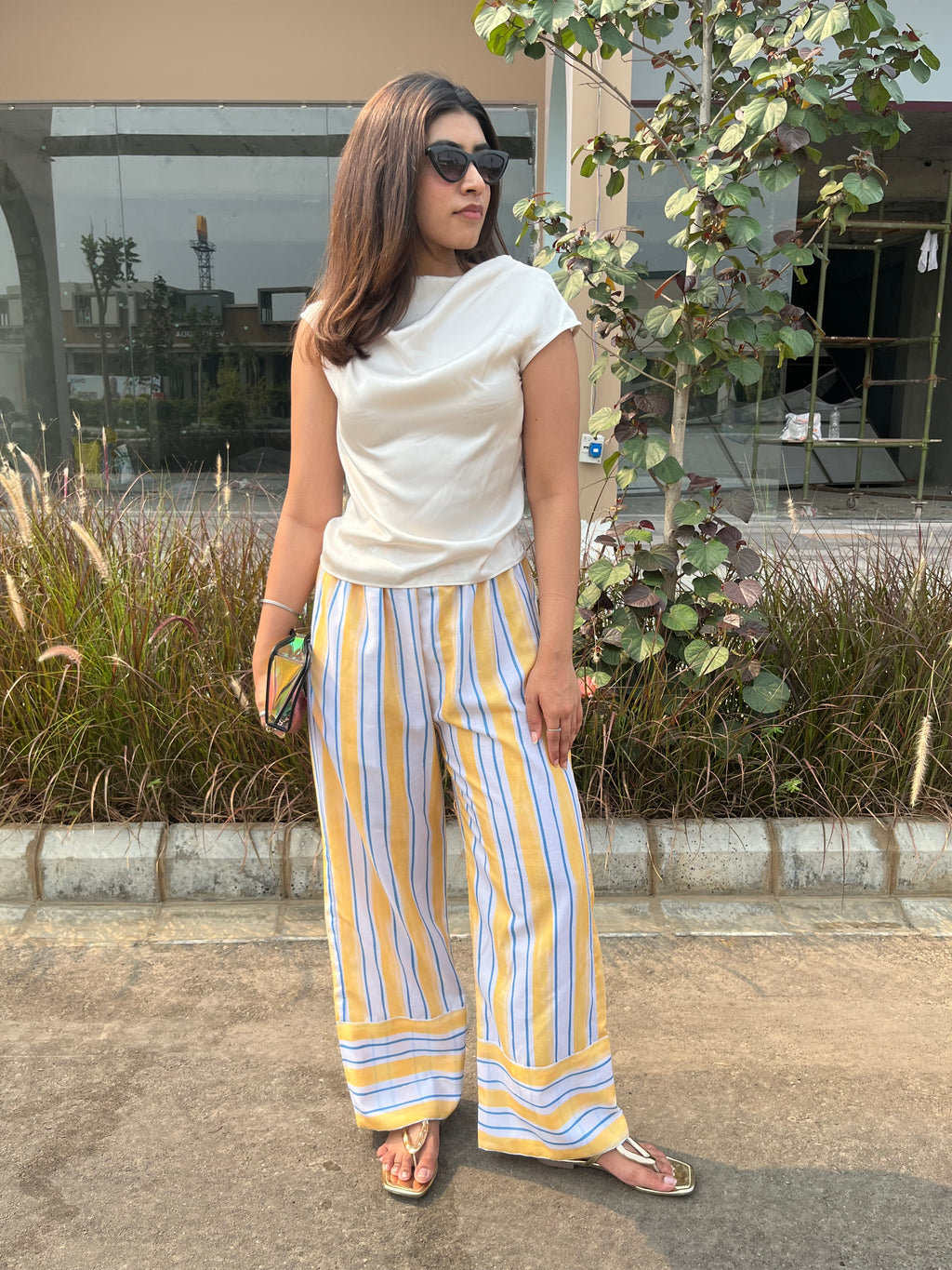 Cotton Linen Striped  Wide-Leg Trousers