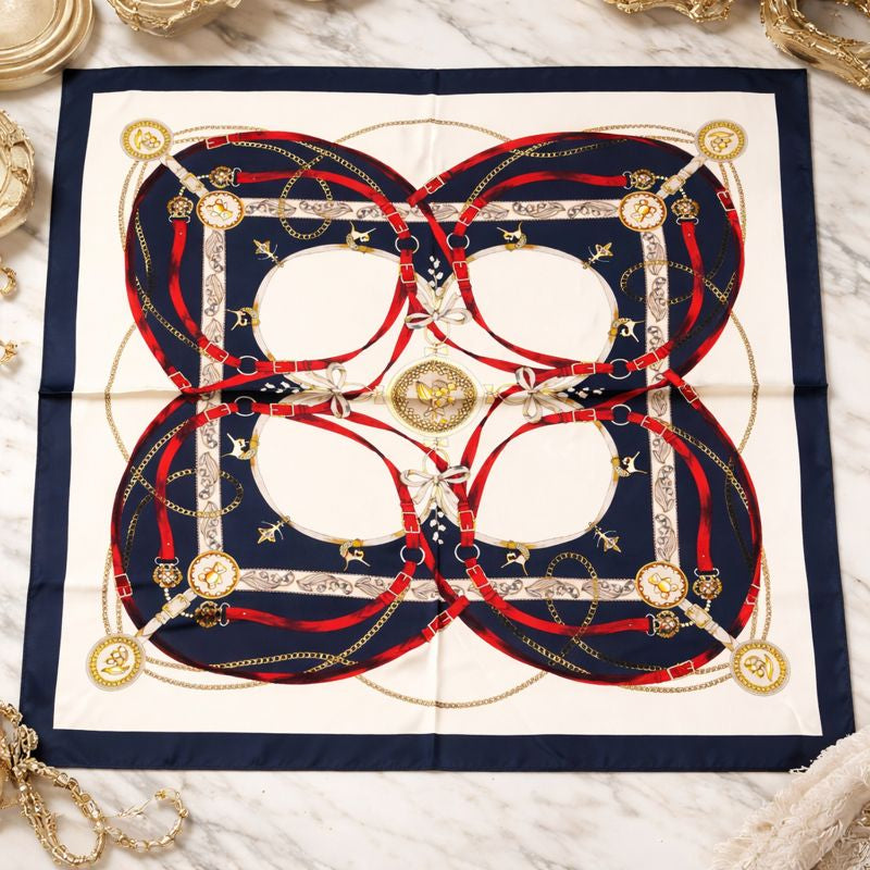 Navy, Red & Gold Printed Silk Scarf