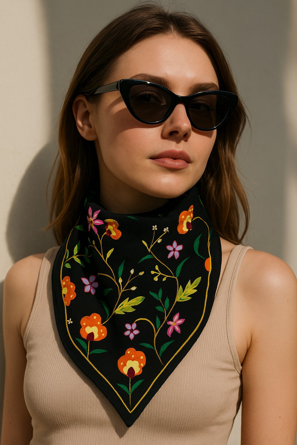 HAND PAINTED FLORAL BLACK SCARF