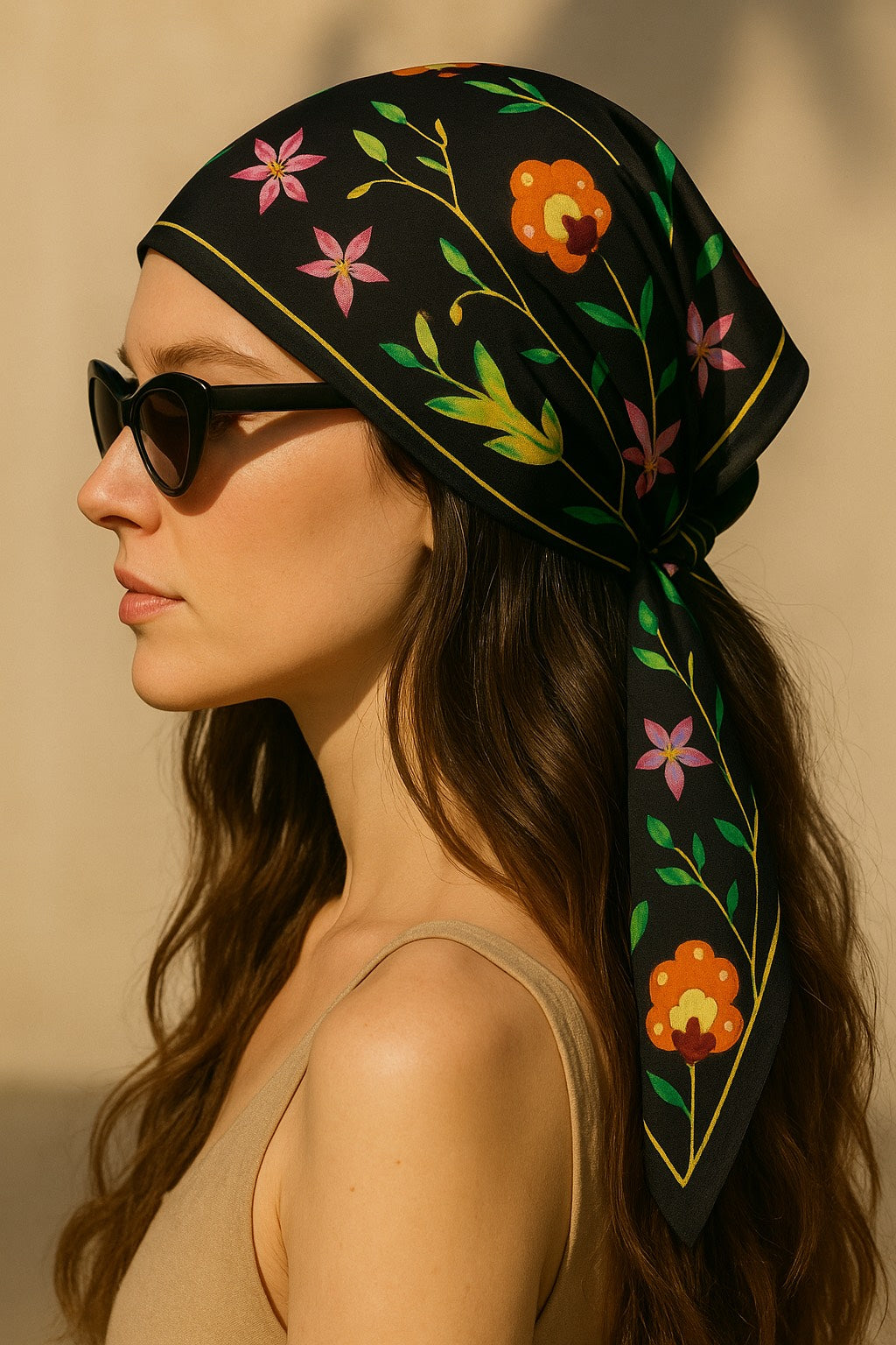 HAND PAINTED FLORAL BLACK SCARF