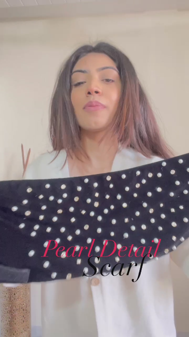 BLACK MUFFLER WITH PEARL EMBELLISHED